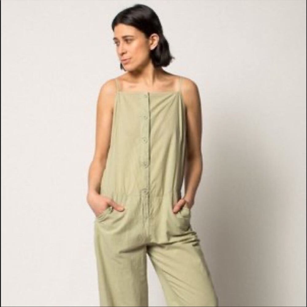 Lacausa sage green button down cotton jumpsuit minimalist neutral
